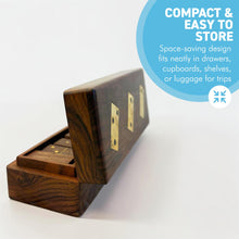 Load image into Gallery viewer, Solid Wood Dominoes Set with Brass Inlay Storage Box - 28 Tiles with Brass Spots and a Hinged Lid
