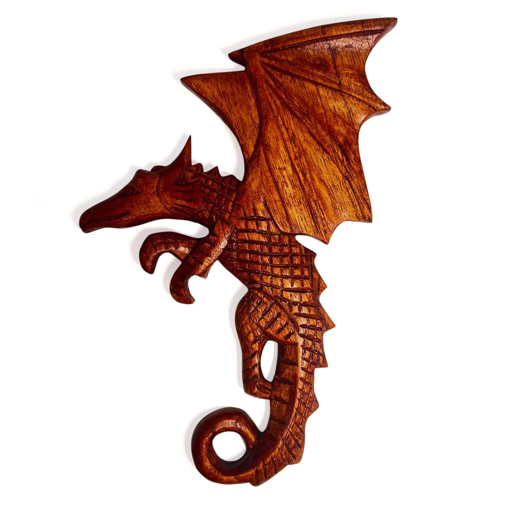 Flying Dragon Plaque in Hand Carved Wood, Wooden Mythical Flying Dragon Ornament