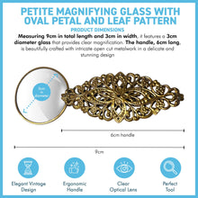 Load image into Gallery viewer, Petite Magnifying Glass with gold handle in leaf pattern, ideal for reading, precision work, crafting.
