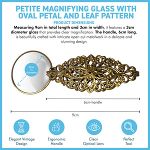 Petite Magnifying Glass with gold handle in leaf pattern, ideal for reading, precision work, crafting.