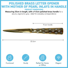 Load image into Gallery viewer, Mother of Pearl inlaid Letter Opener with polished brass finish, Decorative Envelope Opener for school, home, or office use
