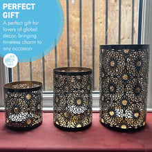 Load image into Gallery viewer, Set of 3 Moroccan-Style Round Tea Light Holders, Arabic Design, Black &amp; Gold Metal Finish - Perfect for Home Decor
