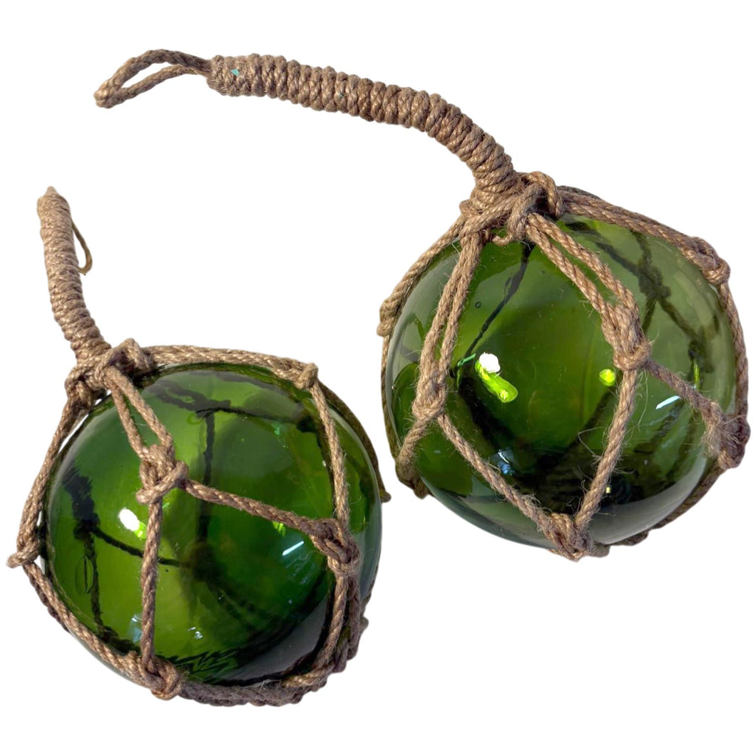 TWO DEEP GREEN GLASS FISHING FLOAT ORNAMENTAL SEA BUOY | hand blown | nautical seafaring fishing rustic décor | 10cm diameter | with rustic brown string netting and hanging loop | Japanese style glass fishing floats