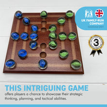 Load image into Gallery viewer, Nine Mans Morris marble game with wooden board | Quirky strategy solitaire marble game | includes 20 glass marbles and wooden board | 14cm x 14cm | Mill Game | Traditional wooden game
