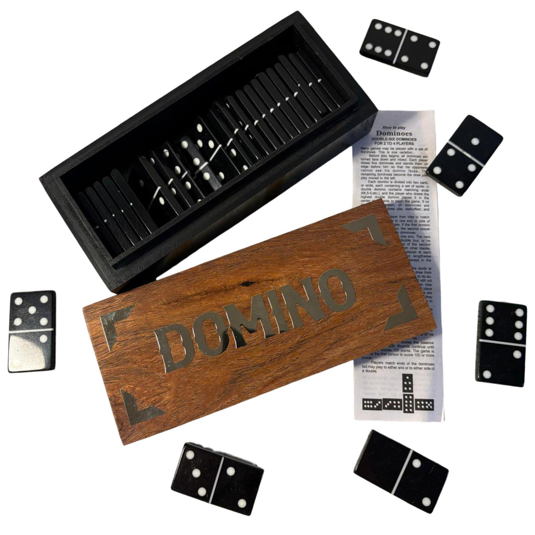 DOMINOES SET IN WOODEN STORAGE BOX – Chrome Inlay Lid – Resin Tiles – Classic Game for Family & Friends