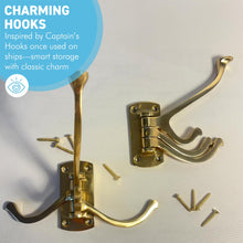 Load image into Gallery viewer, Set of Two Polished Brass 𝟯-𝗣𝗥𝗢𝗡𝗚 𝗦𝗪𝗜𝗩𝗘𝗟 𝗖𝗢𝗔𝗧 𝗛𝗢𝗢𝗞𝗦,  Folding Wall Mount Hanger with Screws Included
