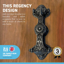 Load image into Gallery viewer, CAST IRON DOOR KNOCKER REGENCY DESIGN WITH ANTIQUE IRON FINISH | 23cm x 7.5cm | Fixing Bolts included | Handmade front door knocker | loud door knocker | Vintage charm with timeless elegance.
