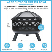 Load image into Gallery viewer, 𝗟𝗔𝗥𝗚𝗘 𝗦𝗧𝗘𝗘𝗟 𝗢𝗨𝗧𝗗𝗢𝗢𝗥 𝗙𝗜𝗥𝗘 𝗣𝗜𝗧 𝗕𝗢𝗪𝗟 | Modern Black Steel Lattice Design with Mesh Cover | Safety Poker &amp; Log Grate included | 𝗪𝗢𝗢𝗗 𝗢𝗥 𝗖𝗛𝗔𝗥𝗖𝗢𝗔𝗟 𝗕𝗨𝗥𝗡𝗘𝗥 for Patio &amp; Garden
