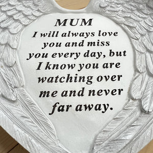 Angel Wings Memorial Ornament: Textured, Detailed Love Heart Plaque for Mum's Garden/Grave