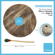 Load image into Gallery viewer, 40cm diameter Ghanaian Shamanic Sami hand drum with wooden beater | frame drum | medicine | Viking / Pagan Hand Drum | wooden frame | rope weaved handles at the rear | deep resonant tone
