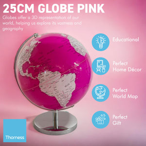 PINK WORLD GLOBE | Globes of the world | World globe for adults | Earth globe | Desk ornament | Explorers gift | World globe | 25cm (D) x 25cm (W) x 30 cm (H)