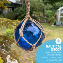 Load image into Gallery viewer, DEEP BLUE GLASS FISHING FLOAT ORNAMENTAL SEA BUOY | hand blown | nautical seafaring fishing rustic décor | 10cm diameter | with rustic brown string netting and hanging loop | Japanese style glass fishing floats
