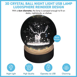 3D Crystal Ball Night Light USB Lamp, Ludosphere Reindeer Design, Perfect for Home Decor, Gifts, and Mood Lighting