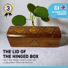 Load image into Gallery viewer, WOODEN HAND-CRAFTED DICE STORAGE BOX | Includes 5 wooden Dice | Brass inlaid embellishments | Dice Game | | Sustainable Shesham wooden hand carved box | 12.5cm (l) x 4.5cm (h) x 4cm (w)
