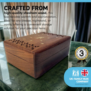 Handcrafted wooden storage trinket jewellery box | keepsake box | brass Elephant design inlaid | 17cm (w) x 7cm (h) | A Timeless Treasure of Craftsmanship