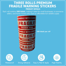 Load image into Gallery viewer, Three Rolls Premium Fragile Warning Stickers – Self-Adhesive “Fragile Handle with Care” Shipping Labels, 1000 Stickers per Roll, Bright Red &amp; White, Waterproof &amp; Tear-Resistant, for Boxes, Parcels &amp; Packages
