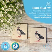 Load image into Gallery viewer, 2 x PROFESSOR PUFFIN STONE COASTERS | Stone Coasters | Animal novelty gift | Coaster for glass, mugs and cups| Square coaster for drinks | Puffin gift | Meg Hawkins art | 10cm x 10cm
