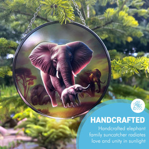 Elephant Family Glass Suncatcher, 15cm diameter Decorative Window Hanging, Vibrant Elephant Design