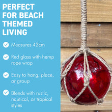 Load image into Gallery viewer, DEEP RED GLASS FISHING FLOAT ORNAMENTAL SEA BUOY | hand blown | nautical seafaring fishing rustic décor | 10cm diameter | with rustic brown string netting and hanging loop | Japanese style glass fishing floats
