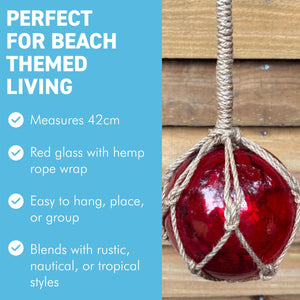 DEEP RED GLASS FISHING FLOAT ORNAMENTAL SEA BUOY | hand blown | nautical seafaring fishing rustic décor | 10cm diameter | with rustic brown string netting and hanging loop | Japanese style glass fishing floats