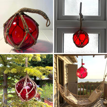 Load image into Gallery viewer, DEEP RED GLASS FISHING FLOAT ORNAMENTAL SEA BUOY | hand blown | nautical seafaring fishing rustic décor | 10cm diameter | with rustic brown string netting and hanging loop | Japanese style glass fishing floats
