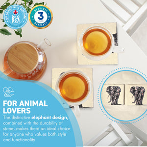 2 x ELEPHANT STONE COASTERS | Stone Coasters | Animal novelty gift | Coaster for glass, mugs and cups| Square coaster for drinks | Elephant gift | Meg Hawkins art | 10cm x 10cm