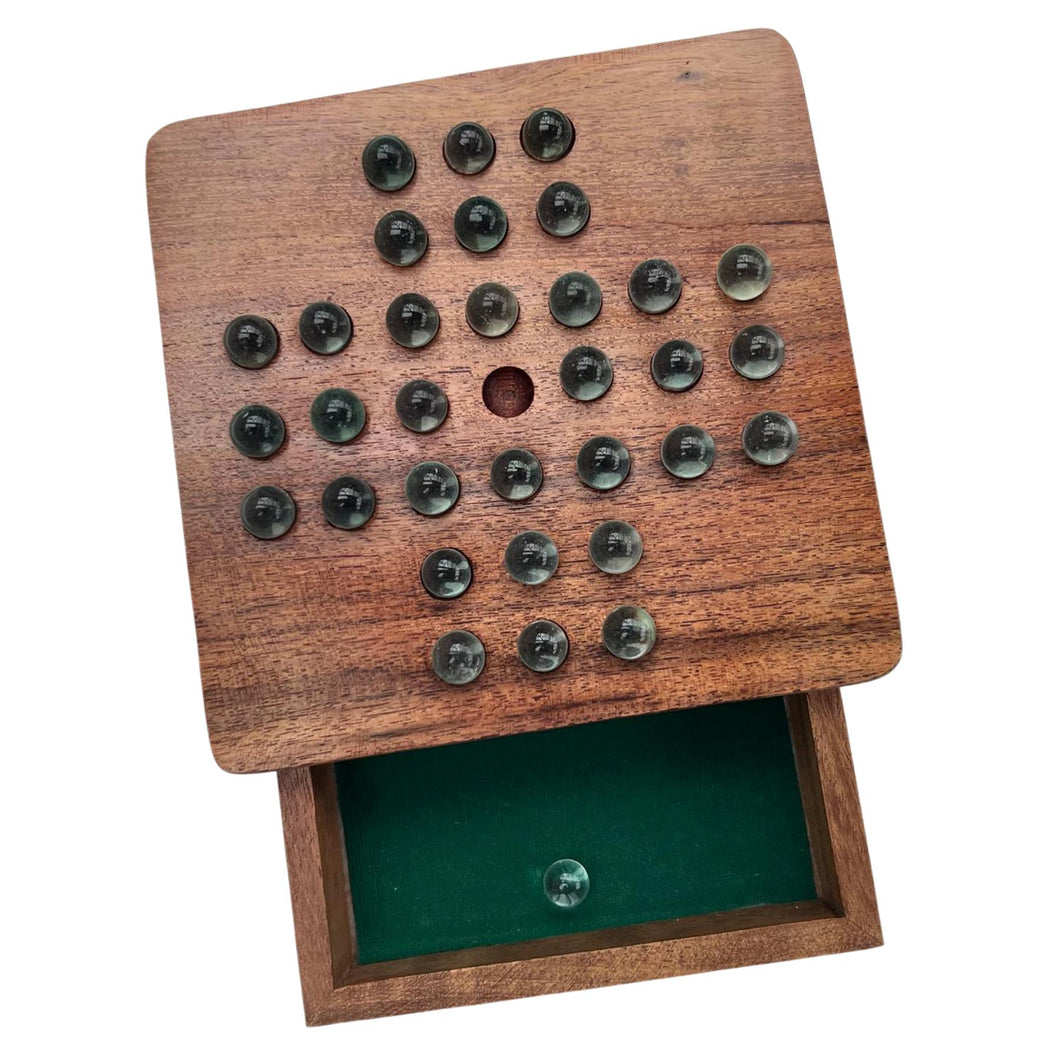 Wooden Solitaire with Drawer for Storing Marbles | Travel Games | Strategic & Traditional Games | Perfect for Adults & Family Fun