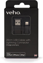 Load image into Gallery viewer, Veho Pebble MFi 𝗟𝗜𝗚𝗛𝗧𝗡𝗜𝗡𝗚 𝗨𝗦𝗕 𝗖𝗔𝗕𝗟𝗘 0.2 m – Apple Certified, Fast Charge and Sync, Data Transfer, Black (VPP-601-20CM) Durable
