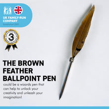 Load image into Gallery viewer, STRIPED, BROWN FEATHERED BALL POINT PEN | Feather Pen | Special Pen | Wizards Pen | Guest Book Pen | Wedding Pen
