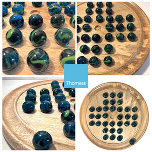 30cm Diameter WOODEN SOLITAIRE BOARD GAME with SEA TURTLE GLASS MARBLES | classic wooden solitaire game | strategy board game | family board game | games for one | board games