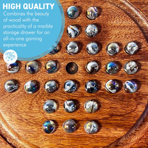 Wooden Solitaire with Drawer for Polar Marbles | Travel Games | Strategic & Traditional Games | Perfect for Adults & Family Fun
