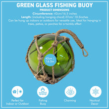 Load image into Gallery viewer, DEEP GREEN GLASS FISHING FLOAT ORNAMENTAL SEA BUOY | hand blown | nautical seafaring fishing rustic décor | 10cm diameter | with rustic brown string netting and hanging loop
