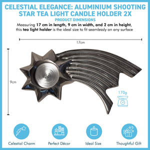 Set of Two Celestial Elegance: Brushed Silver Aluminum Shooting Star Tea Light Candle Holders,  Modern Decorative Accent