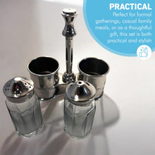 Load image into Gallery viewer, Salt &amp; Pepper Shaker Set, Nickel Plated Glass Pots in a stylish caddy
