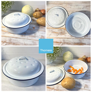ENAMEL WHITE ROUND ROASTER with BLUE RIM | Roasting tin with lid | Enamel pot | Cooking tins| Roasters | Enamelware | 20cm (Diam) x 8.5cm (Deep)