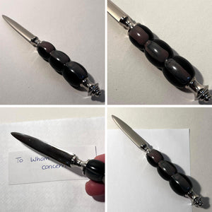 Nickel Letter Opener with black and grey round handle, perfect for school, home, or office use