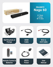 Load image into Gallery viewer, Majority 𝗕𝗟𝗨𝗘𝗧𝗢𝗢𝗧𝗛 𝗦𝗢𝗨𝗡𝗗𝗕𝗔𝗥 for TV | 2.1 Channel 3D Surround Sound | Wireless &amp; Wall Mountable | HDMI ARC, AUX, Optical, USB Playback, Remote &amp; Brackets Included | Naga 60
