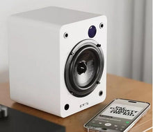 Load image into Gallery viewer, New Majority 𝗗𝟱𝟬𝗫 𝗕𝗟𝗨𝗘𝗧𝗢𝗢𝗧𝗛 𝗕𝗢𝗢𝗞𝗦𝗛𝗘𝗟𝗙 𝗦𝗣𝗘𝗔𝗞𝗘𝗥𝗦 – 60W Hi-Fi 2.0, Wireless, HDMI ARC, Optical, AUX &amp; USB, Remote, White
