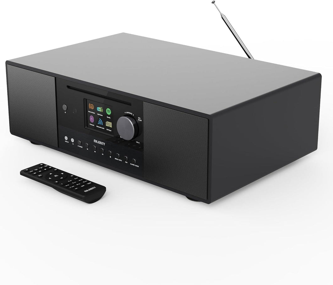 Majority INTERNET RADIO CD PLAYER WITH DAB+ & FM RADIO and a Powerful Subwoofer | 120W 2.1 Speaker System | Smart Radio with Spotify, Podcasts, Bluetooth, 90+ Presets, TFT Display | Quadriga