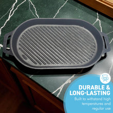 Load image into Gallery viewer, 30x15.5cm 𝗢𝗩𝗔𝗟 𝗖𝗔𝗦𝗧 𝗜𝗥𝗢𝗡 𝗚𝗥𝗜𝗗𝗗𝗟𝗘 𝗣𝗔𝗡 Non-Stick Grill Pan for Pizza Pancakes BBQ Oven
