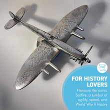 Load image into Gallery viewer, Cast Aluminium Spitfire Model Plane display model on stand with distressed silver finish
