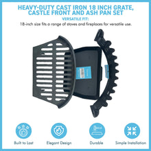 Load image into Gallery viewer, 18" Solid Cast IRON FIREPLACE GRATE SET – Castle Front Design with Ash Pan &amp; Steel Log Tongs for Traditional Home Fireplaces

