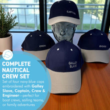 Load image into Gallery viewer, Set of 4 Adjustable Navy-Blue Baseball Caps, Galley Slave, Captain, Crew &amp; Engineer, Nautical Boating Hats for Sailing, Yachting &amp; Team Uniform
