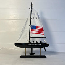 Load image into Gallery viewer, YOUNG AMERICA AMERICAS CUP MODEL YACHT | Sailing | Yacht | Boats | Models | Sailing Nautical Gift | Sailing Ornaments | Yacht on Stand | 33cm (H) x 21cm (L) x 4cm (W)
