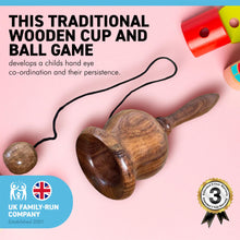 Load image into Gallery viewer, Traditional WOODEN CUP AND BALL GAME | Cup and ball games | ball in a cup game | Old fashioned toys | ball catch game | hand-eye coordination, fine motor skills, and spatial awareness.
