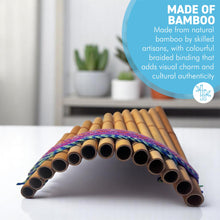 Load image into Gallery viewer, Large Peruvian Wooden Panpipes with colourful woven trim, 13 Pipe Traditional Panflute Instrument
