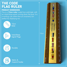 Load image into Gallery viewer, The Code Flag Ruler – Solid Teak with an Inlaid Brass Panel, 15cm
