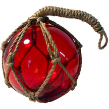 Load image into Gallery viewer, DEEP RED GLASS FISHING FLOAT ORNAMENTAL SEA BUOY | hand blown | nautical seafaring fishing rustic décor | 10cm diameter | with rustic brown string netting and hanging loop | Japanese style glass fishing floats
