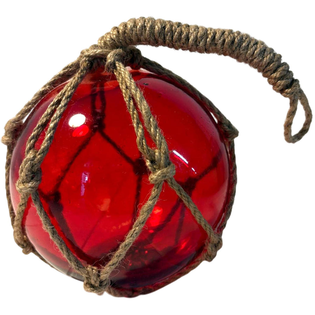DEEP RED GLASS FISHING FLOAT ORNAMENTAL SEA BUOY | hand blown | nautical seafaring fishing rustic décor | 10cm diameter | with rustic brown string netting and hanging loop | Japanese style glass fishing floats