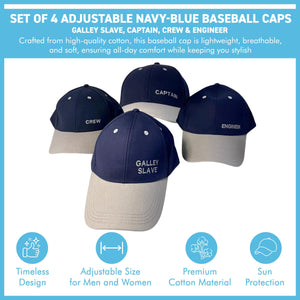 Set of 4 Adjustable Navy-Blue Baseball Caps, Galley Slave, Captain, Crew & Engineer, Nautical Boating Hats for Sailing, Yachting & Team Uniform
